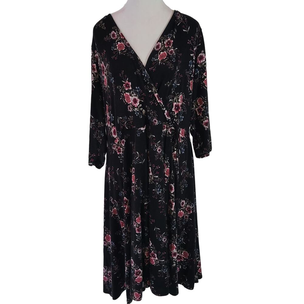 Torrid Size 2 Midi Jersey Faux Wrap Dress Black Pink Floral Flattering Casual